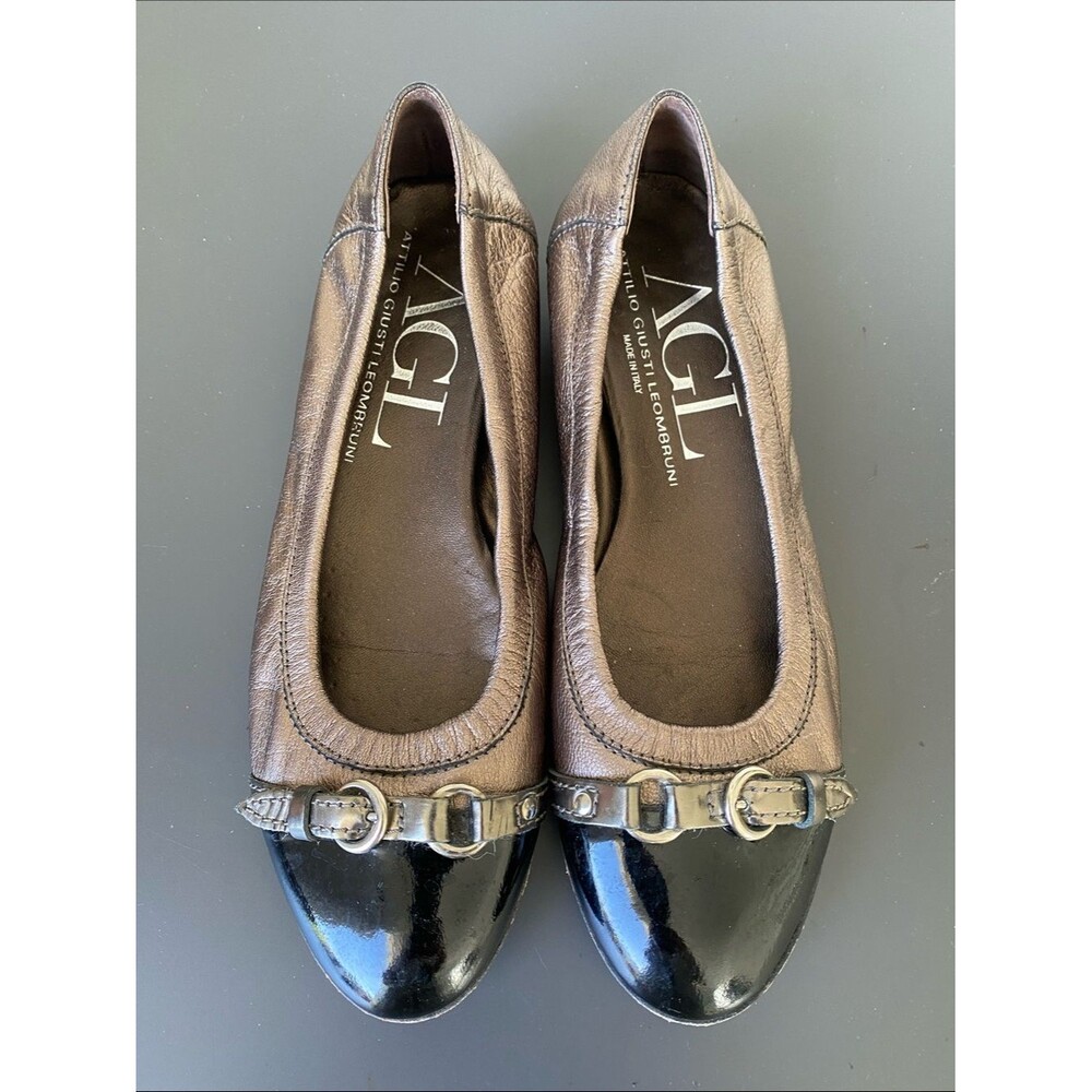 AGL Bronze Leather Flats Black Patent Cap Toe 37 /US 7 Ballet Chic Office Preppy